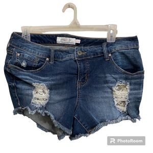 Torrid denim shorts plus size 12 with distressing and peekaboo lace pocket